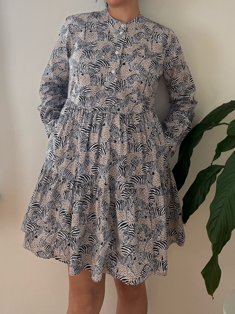 J Crew Cotton Poplin Zebra Leopard Print Tiered Babydoll Beige Dress Size XXS